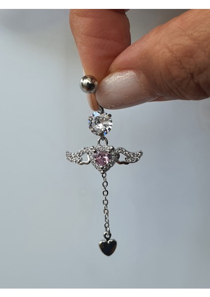 Çelik Melek Kanatlı Zirkon Taşlı Kalp Uzun Göbek Piercing modelleri