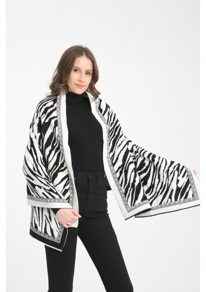 Zebra Desenli Omuz Şalı, Zebra Desenli Şık Rahat Omuz Şalı, Triko Omuz Şalı, Kadın Şal, Çift Yönlü