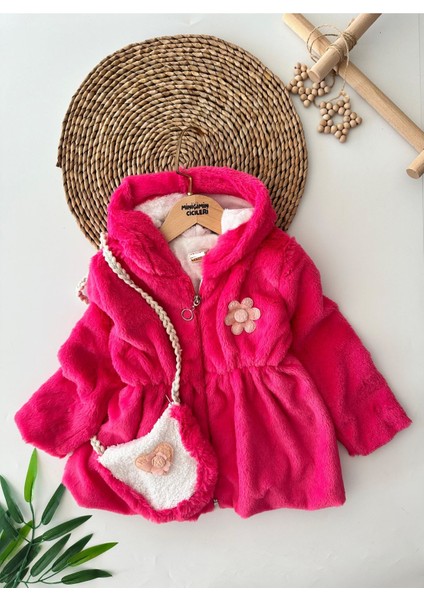 Çiçek Desen Çantalı Kız Çocuk kışlık kürk - Pembe
