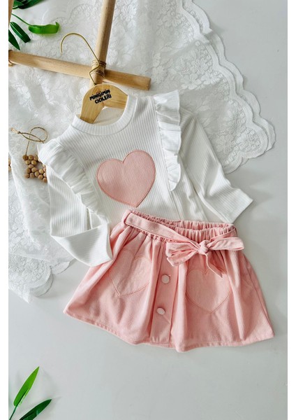 Kalp Desenli Fırfır Detaylı Kız Çocuk etekli takım - Pudra