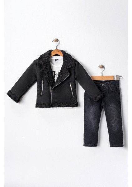 Süet Kürklü Erkek Çocuk 3 lü takım - Siyah
