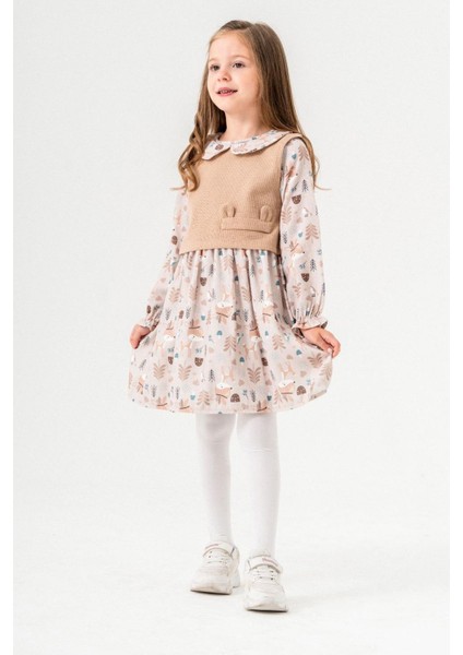 Tavşan Kulaklı Yakalı Kız Çocuk elbise - Bej