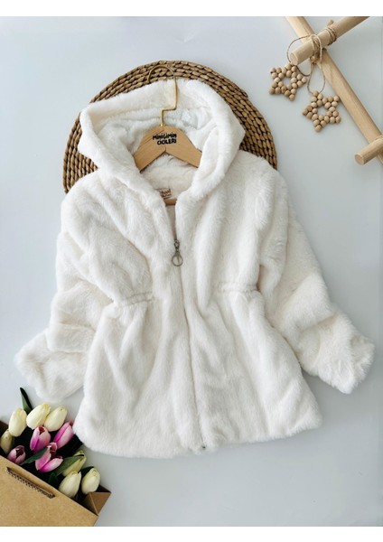 Kapüşonlu Peluş Kız Çocuk mont - Beyaz