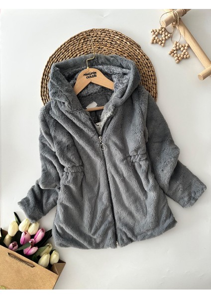 Kapüşonlu Peluş Kız Çocuk mont - Gri