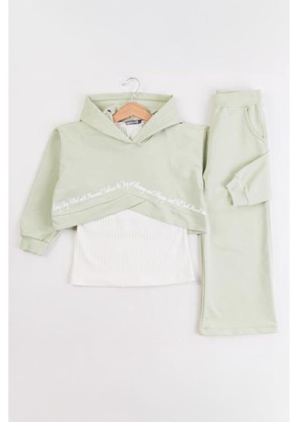 Yazı Baskılı Crop Sweatshirt ve Bol Paça Kız Çocuk Eşofman Takımı - Yeşil