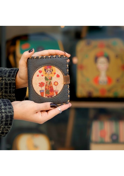 Mexican F. Kahlo Figürlü Küçük Cüzdan Etnik Bohem Retro Style - Antrasit