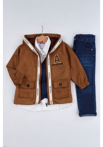 Şerit Detaylı Cepkenli Erkek Çocuk 4 lü takım - Kahverengi