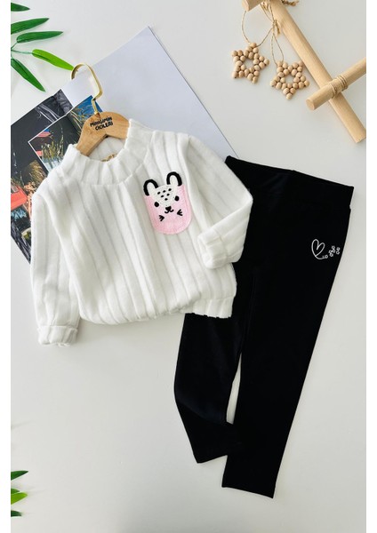 Yumoş Bear Örgü Cep Detaylı Kız Çocuk taytlı takım - Beyaz