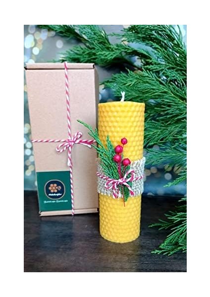 Dekoratif Doğal Petek Balmumu Mum 14 cm x 4.5 cm Sarma Tek Blok Mum Kutulu Süslü Beeswax Candle