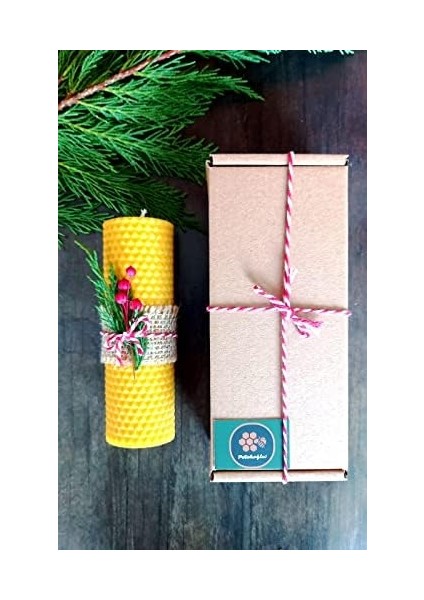 Dekoratif Doğal Petek Balmumu Mum 14 cm x 4.5 cm Sarma Tek Blok Mum Kutulu Süslü Beeswax Candle