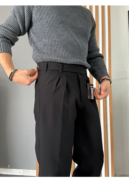 Uzun Dil Detaylı Pileli Baggy Kumaş Pantolon