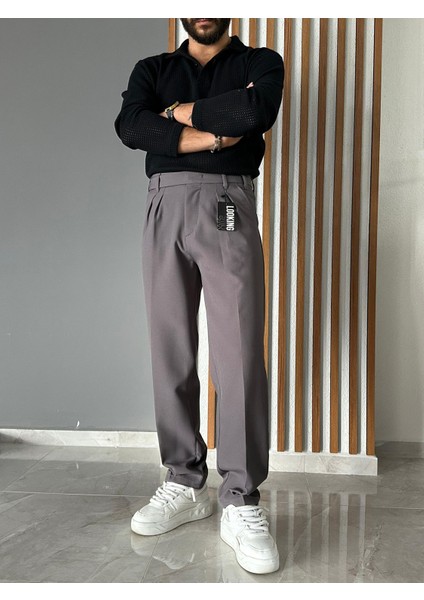 Uzun Dil Detaylı Pileli Baggy Kumaş Pantolon