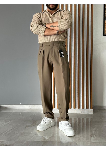 Uzun Dil Detaylı Pileli Baggy Kumaş Pantolon