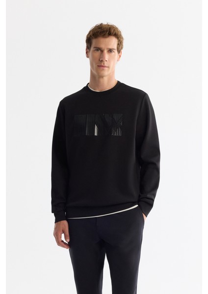 Erkek Siyah Bisiklet Yaka Pamuklu Baskılı Elastan Regular Fit Sweatshirt A42Y1215