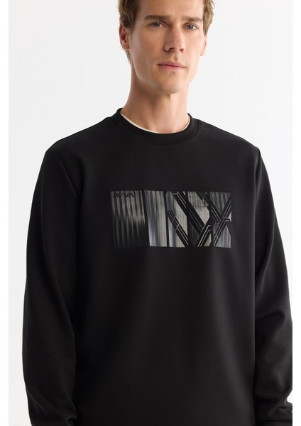 Erkek Siyah Bisiklet Yaka Pamuklu Baskılı Elastan Regular Fit Sweatshirt A42Y1215 fiyatları