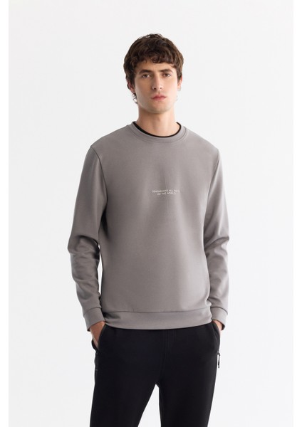 Erkek Gri Bisiklet Yaka Pamuklu Baskılı Elastan Sweatshirt A42y1313