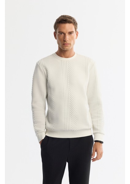 Erkek Ekru Bisiklet Yaka Baskılı Elastan Sweatshirt A42y1279
