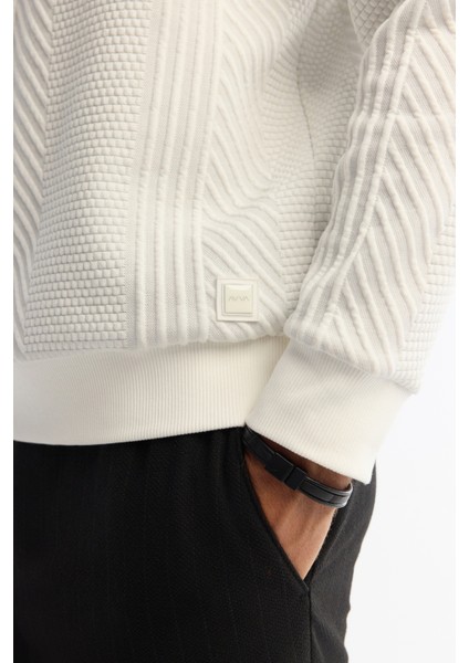 Erkek Ekru Bisiklet Yaka Baskılı Elastan Sweatshirt A42y1279