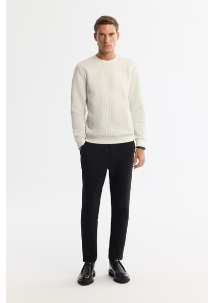 Erkek Ekru Bisiklet Yaka Baskılı Elastan Sweatshirt A42y1279