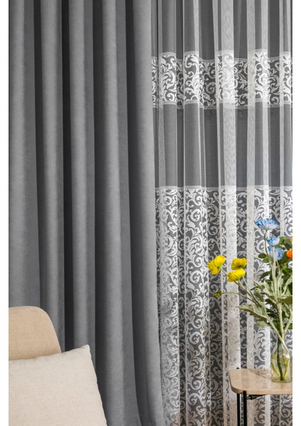 Kullanıma Hazır Gri Rengi Pilesiz Ekstraforlu Düz Dikim Fon Perde Tek Kanat 12488