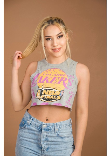 Gri Baskılı Spor Kolsuz Crop