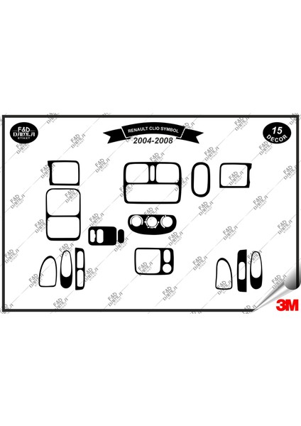 Renault Clio Symbol 2004-2008 Torpido Konsol Trim Göğüs Maun Kaplama Set 15 Parça Siyah Renk