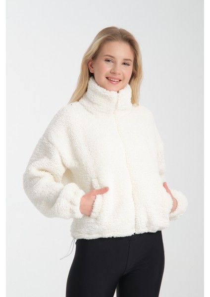 Dik Yaka Lastik Detaylı Çift Cepli Peluş Ceket