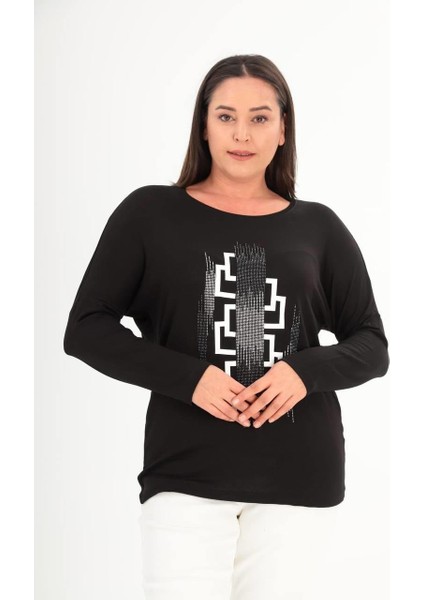 Kadın Siyah Beyaz Taşlı Yuvarlak Yaka Reglan Kol Siyah Bluz