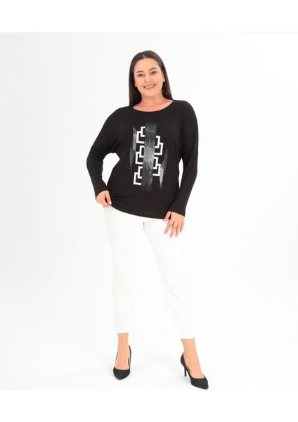 Kadın Siyah Beyaz Taşlı Yuvarlak Yaka Reglan Kol Siyah Bluz fiyatları