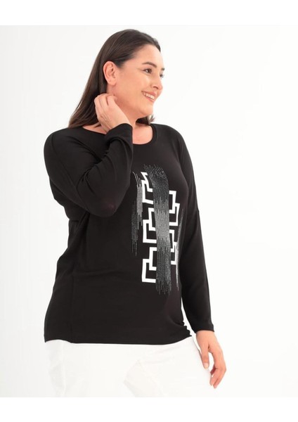 Kadın Siyah Beyaz Taşlı Yuvarlak Yaka Reglan Kol Siyah Bluz modelleri