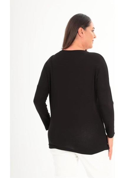 Kadın Siyah Beyaz Taşlı Yuvarlak Yaka Reglan Kol Siyah Bluz fırsatları