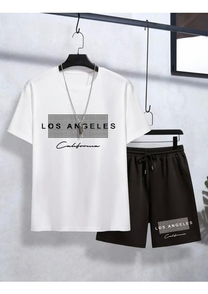 Özel Tasarım Los Angeles Şerit Baskılı Pamuk Yeni Stil Erkek Çocuk T-Shirt Short Takım