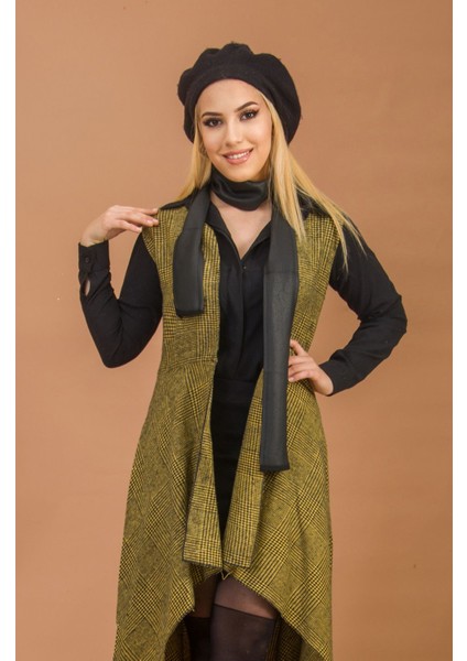 Kadın Hardal Siyah Çizgili Uzun Yelek modelleri