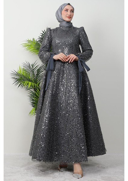 Tansu Tesettür Abiye Koyu Gri modelleri