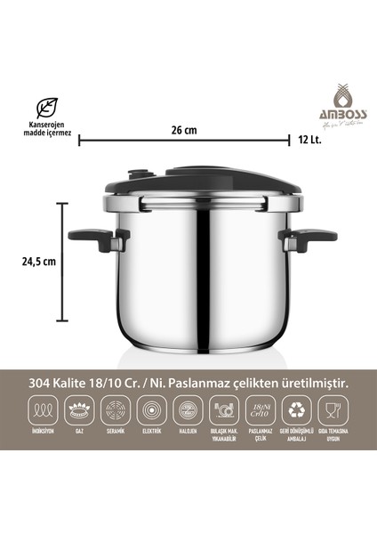 Enio Plus 12 Lt Matik Paslanmaz Çelik İndüksiyon Uyumlu Düdüklü Tencere