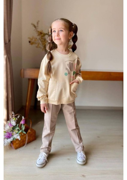 Geometrik Lale Baskılı Çimalı Kız çocuk takım - Kahverengi fiyatları