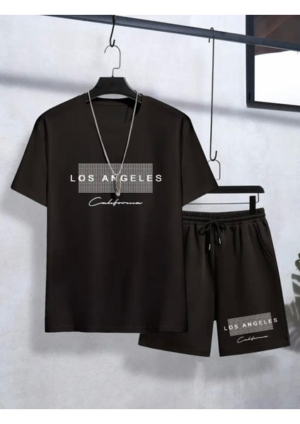Özel Tasarım Los Angeles Şerit Baskılı Pamuk Yeni Stil Erkek Çocuk T-Shirt Short Takım