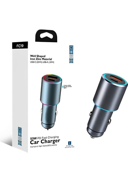 Rgb 53W Pd Hızlı Şarj Araç Içi Çakmaklık Şarj Aleti 1x Type-C 35W Pd 1x Usb3.0 18W