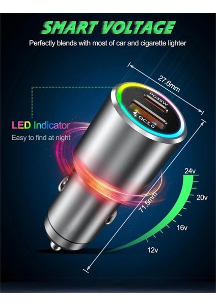 Rgb 53W Pd Hızlı Şarj Araç Içi Çakmaklık Şarj Aleti 1x Type-C 35W Pd 1x Usb3.0 18W