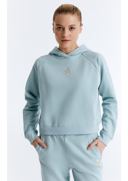 ED7739-06 Coach Crop Kadın Kapüşonlu Sweatshirt'ü Su Mavisi
