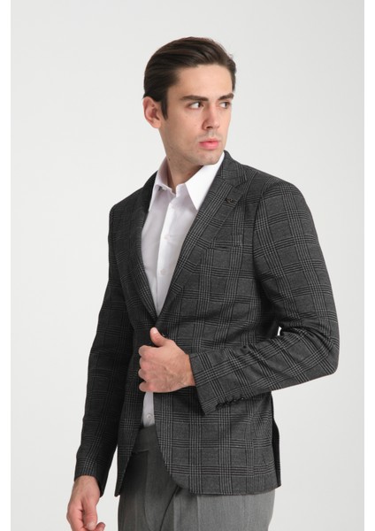 Ribas Erkek Siyah Likralı Pamuk Karışımlı Ekose Desenli Slim Fit Spor Blazer Ceket
