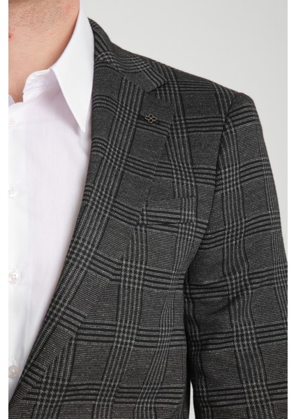 Ribas Erkek Siyah Likralı Pamuk Karışımlı Ekose Desenli Slim Fit Spor Blazer Ceket fiyatları