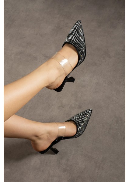 Shoes Müge Kadın Topuklu Taşlı Şeffaf Detaylı Abiye Ayakkabı