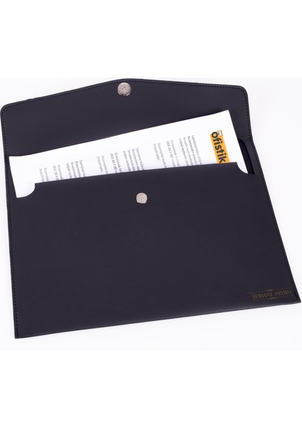 Blu Isme Özel Siyah Deri Iç Bölmeli Dosya Evrak Notebook Tablet Çantası Erkek Kartvizit Kalem Kılıfı