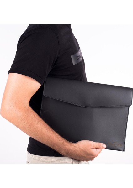 Blu Isme Özel Siyah Deri Iç Bölmeli Dosya Evrak Notebook Tablet Çantası Erkek Kartvizit Kalem Kılıfı