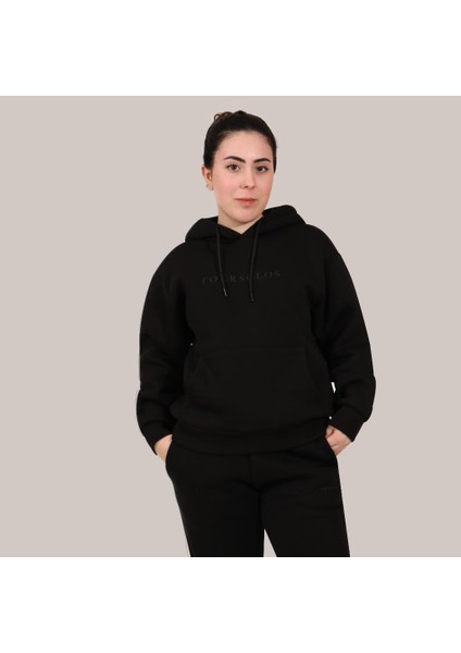 Siyah Kadın Hoodie, Kanguru Cepli, Kapüşonlu, 3 Iplik Kumaş modelleri