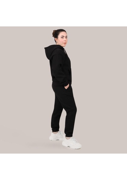 Siyah Kadın Hoodie, Kanguru Cepli, Kapüşonlu, 3 Iplik Kumaş fırsatları