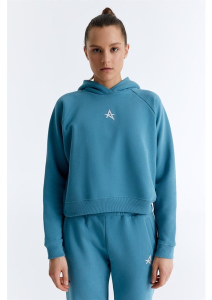 ED7739-07 Coach Crop Kadın Kapüşonlu Sweatshirt'ü Petrol Mavisi