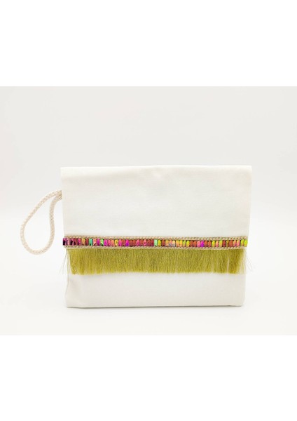 Yağ Yeşili Püsküllü Clutch Çanta