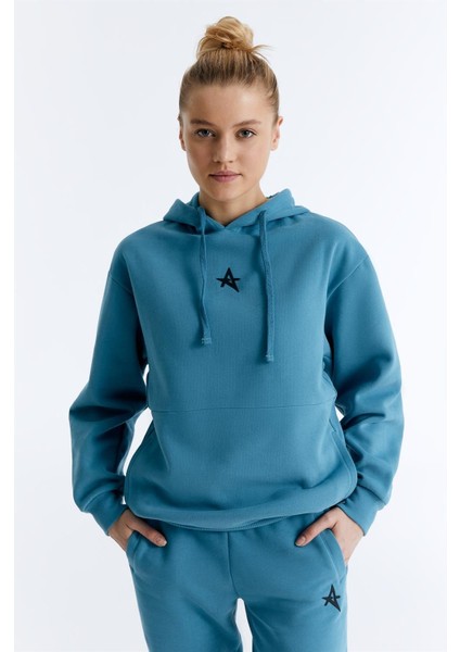 ED7749-07 Star Kadın Kapüşonlu Sweatshirt'ü Petrol Mavisi